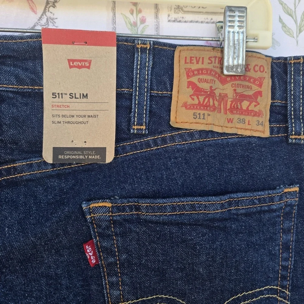 Levi's 511 Jeans Men 38x34 Slim‎ Fit Low Rise Stretch Denim Blue Dark Wash NWT